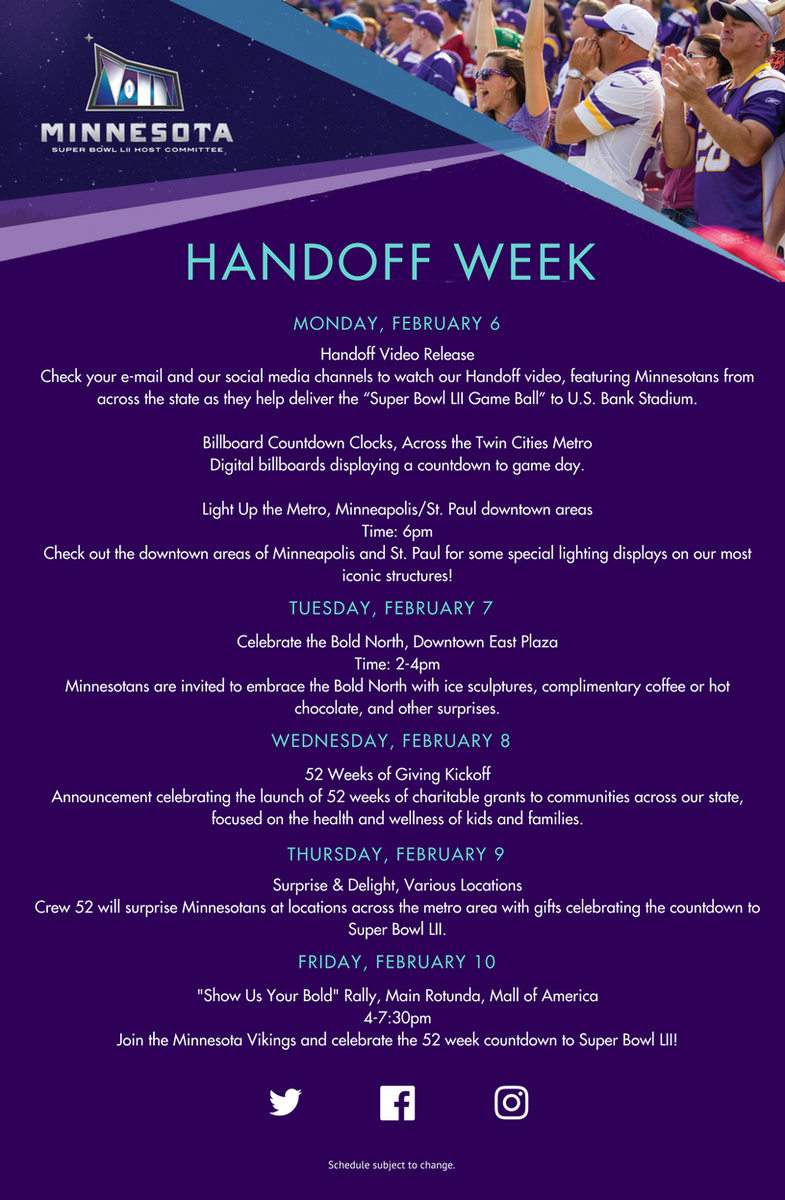MNSuperBowl2018's tweet photo. It's almost #HandoffWeek in the #BoldNorth! Be sure to come out for these fun events starting next Monday! #AlmostOurTime https://t.co/OnPl96Zy6J