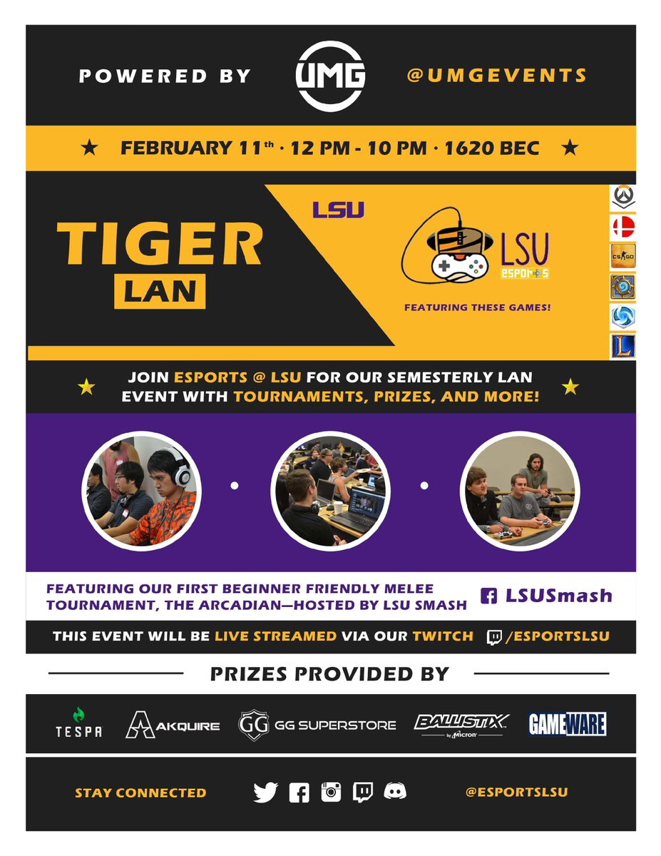 EsportsLSU's tweet photo. Our Spring #TigerLAN is coming up! Powered by @UMGEvents with help from @TeamTespa, @ballistixgaming, @Akquire and @GGSuperstore! https://t.co/lLqMvBOvM1
