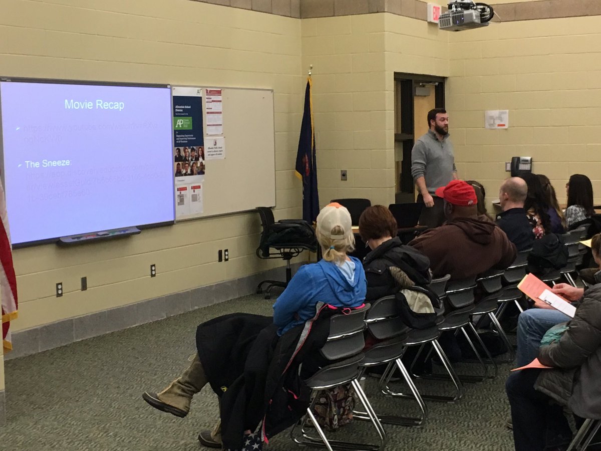 doug_bol's tweet photo. Mr. Morris and Mrs. Wit lead a fantastic 5th grade parent event tonight ~ Pizza and Puberty... Let's Talk About It. 80+ parents! #APSPride https://t.co/G1Y7lfxMyc