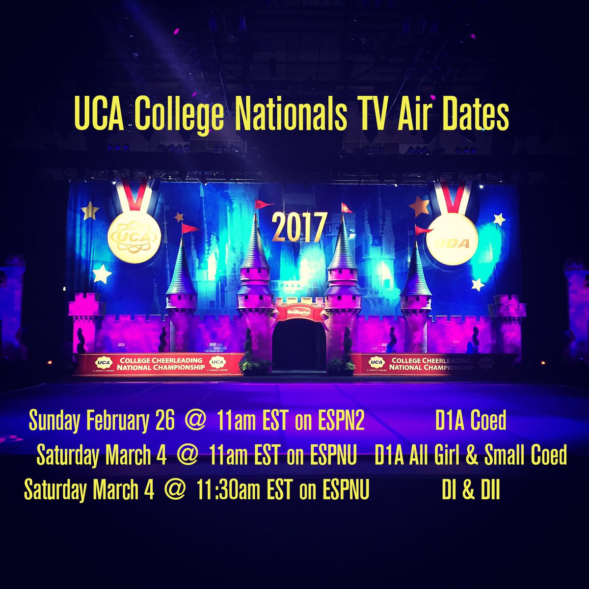 ECMagazine's tweet image. Set your DVR! Here are the TV air dates for UCA College Nationals.