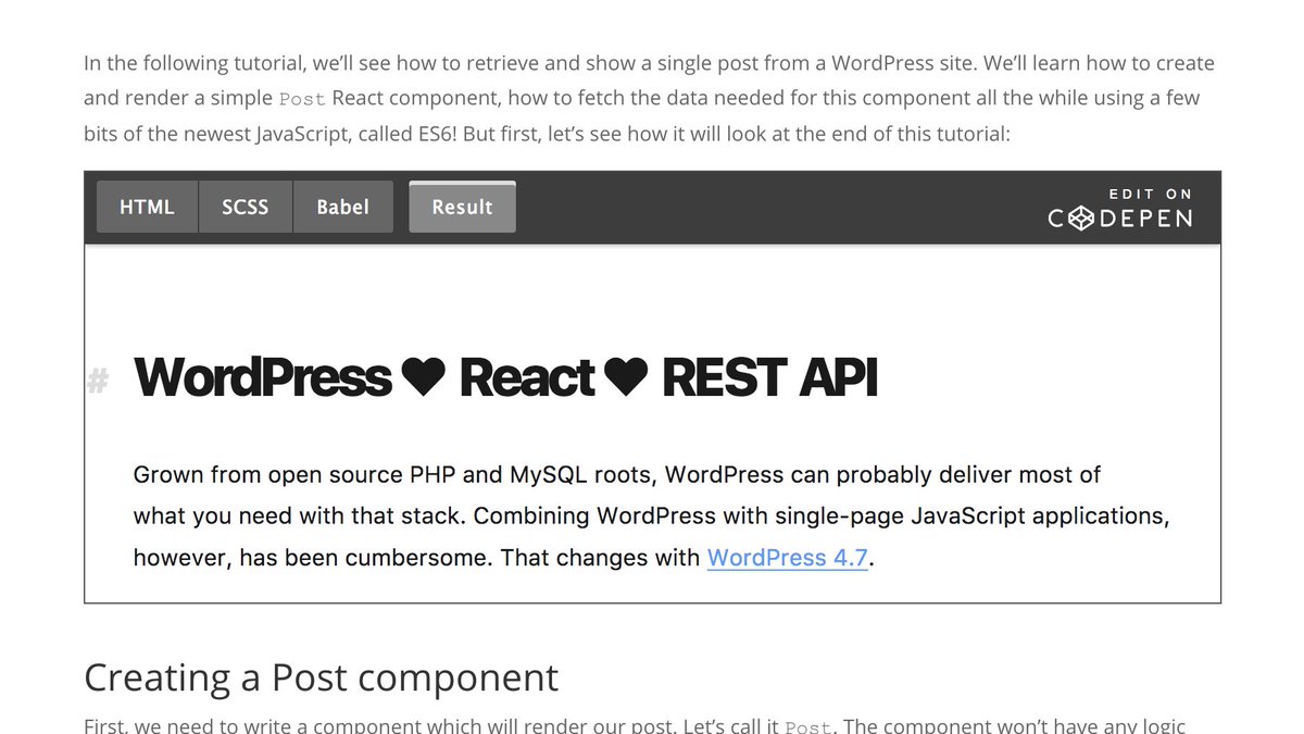 johnmaeda's tweet photo. Thanks to Rastislav Lamoš and Joen Asmussen for getting a solid CodePen together to demo WP REST API × React: https://t.co/1NKSINjD4z https://t.co/gWEMnujCXo