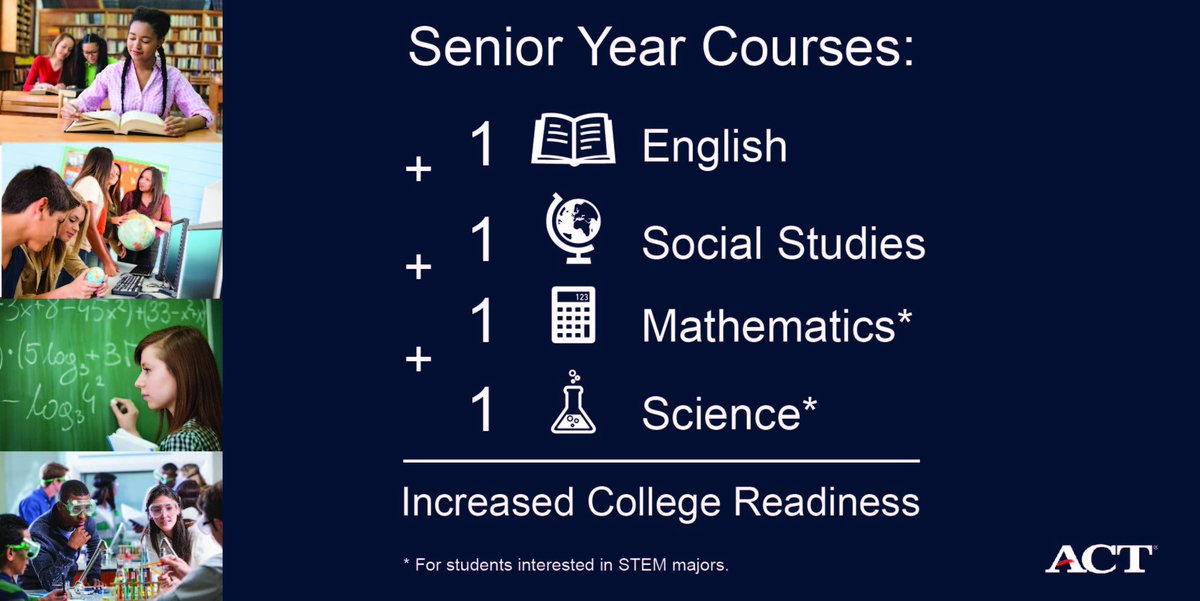 ACTStudent's tweet photo. Juniors, increase your potential for #college and career success by choosing next year's #highschool courses wisely. https://t.co/25yNfuD2Qq https://t.co/satFsRuacR