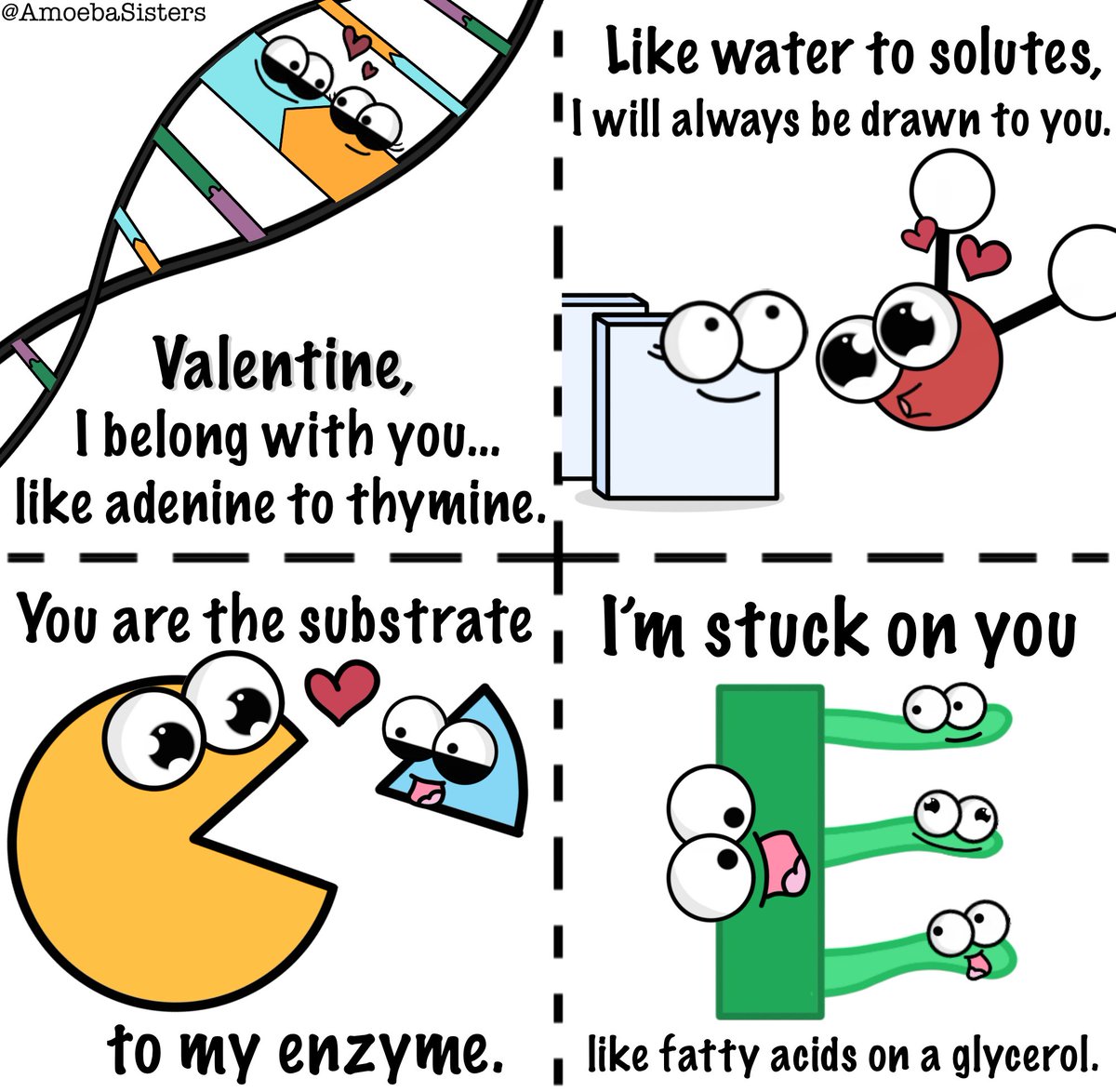 AmoebaSisters's tweet photo. Our free, printable #biology Valentine's Day cards NOW ready! Because what beats #science on a Valentine's day card? https://t.co/mrU4vzCr9M https://t.co/5ZEWJCYd31