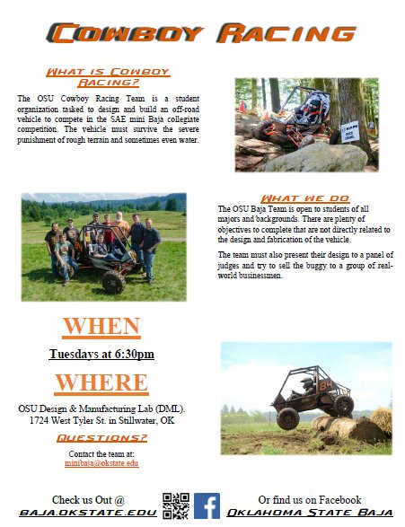 CowboyRacing's tweet photo. Come Join SAE Baja! Make Sure to Check out @OSU_CEATStuCo https://t.co/y7SnZee0G6