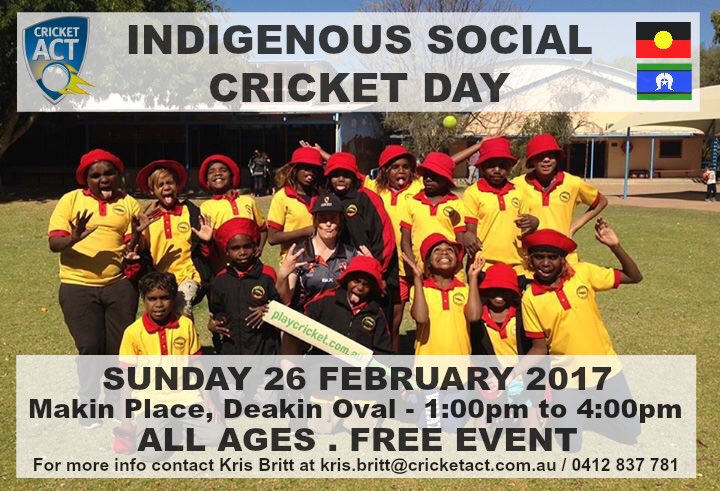 Come &amp; try cricket,all ages welcome! Meet <a href="/sallymoylan/">Sally Moylan</a>, one of our National Indigenous Female Cricketers who traveled and played in India!