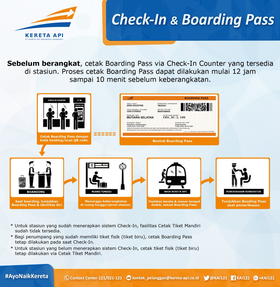 KAI121's tweet photo. #SahabatKAI, proses cetak #BoardingPass di #CheckInCounter, bisa dilakukan mulai 12 jam s.d 10 menit sebelum keberangkatan #AyoNaikKereta https://t.co/ARAvmLpB7k