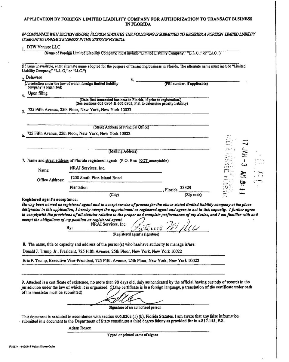 funder's tweet photo. #Breaking Docs:#Trump started a new company in Florida with Eric on 1/3/17

#impeachtrump #trumpleaks #scotus #resist #nodapl #theresistance https://t.co/QBDrV6nACm