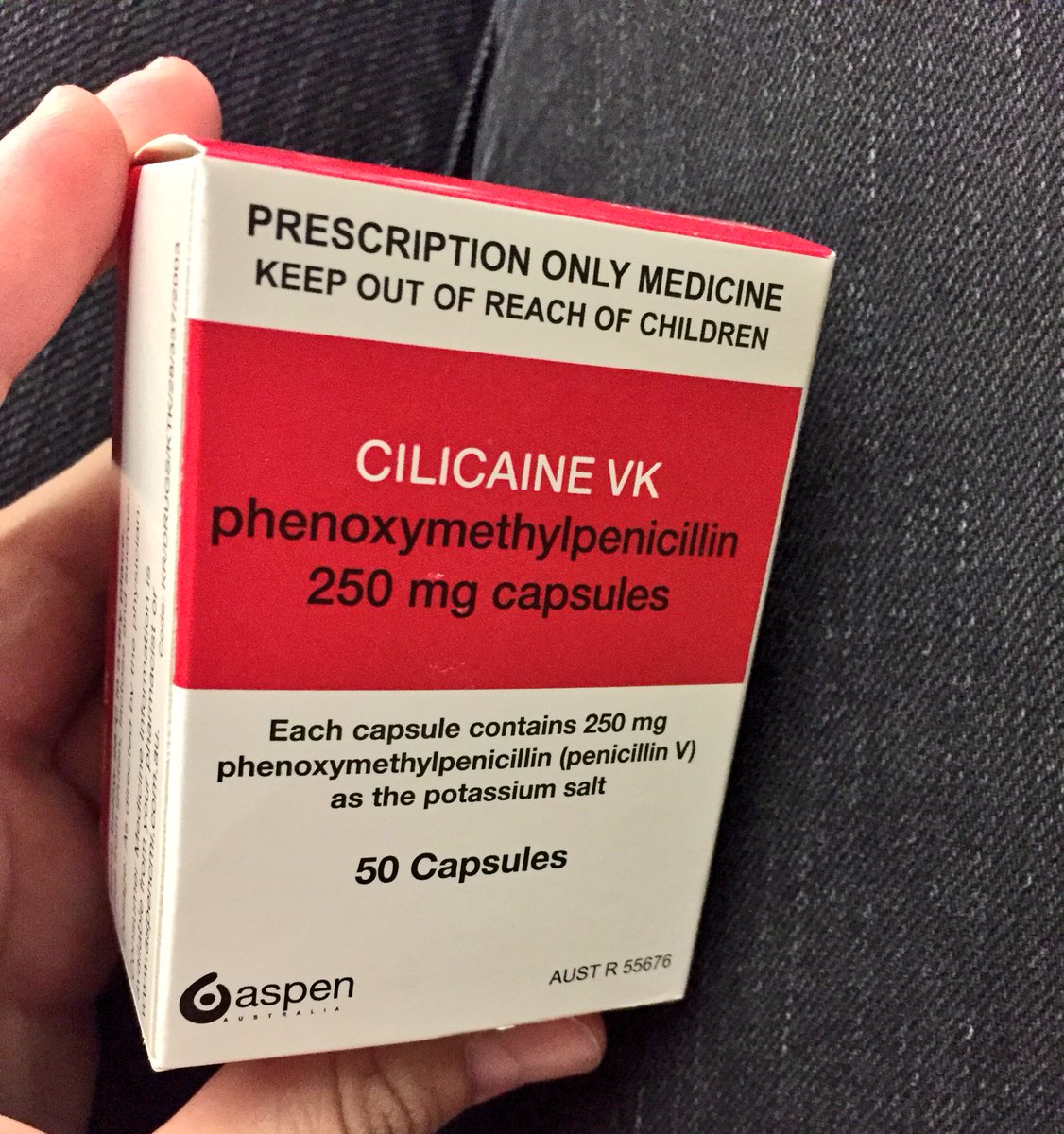 Box of penicillin (specifically, Cilicaine VK, phenooxymethylpenicillin 250 mg capsules)