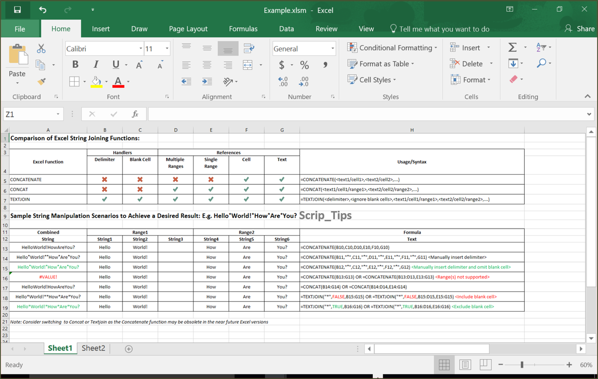 Scrip_Tips's tweet photo. #Excel: A comparison of #String joining #Functions especially #TEXTJOIN which offers much more robust features than #CONCAT or #CONCATENATE. https://t.co/z79zfLVDtf