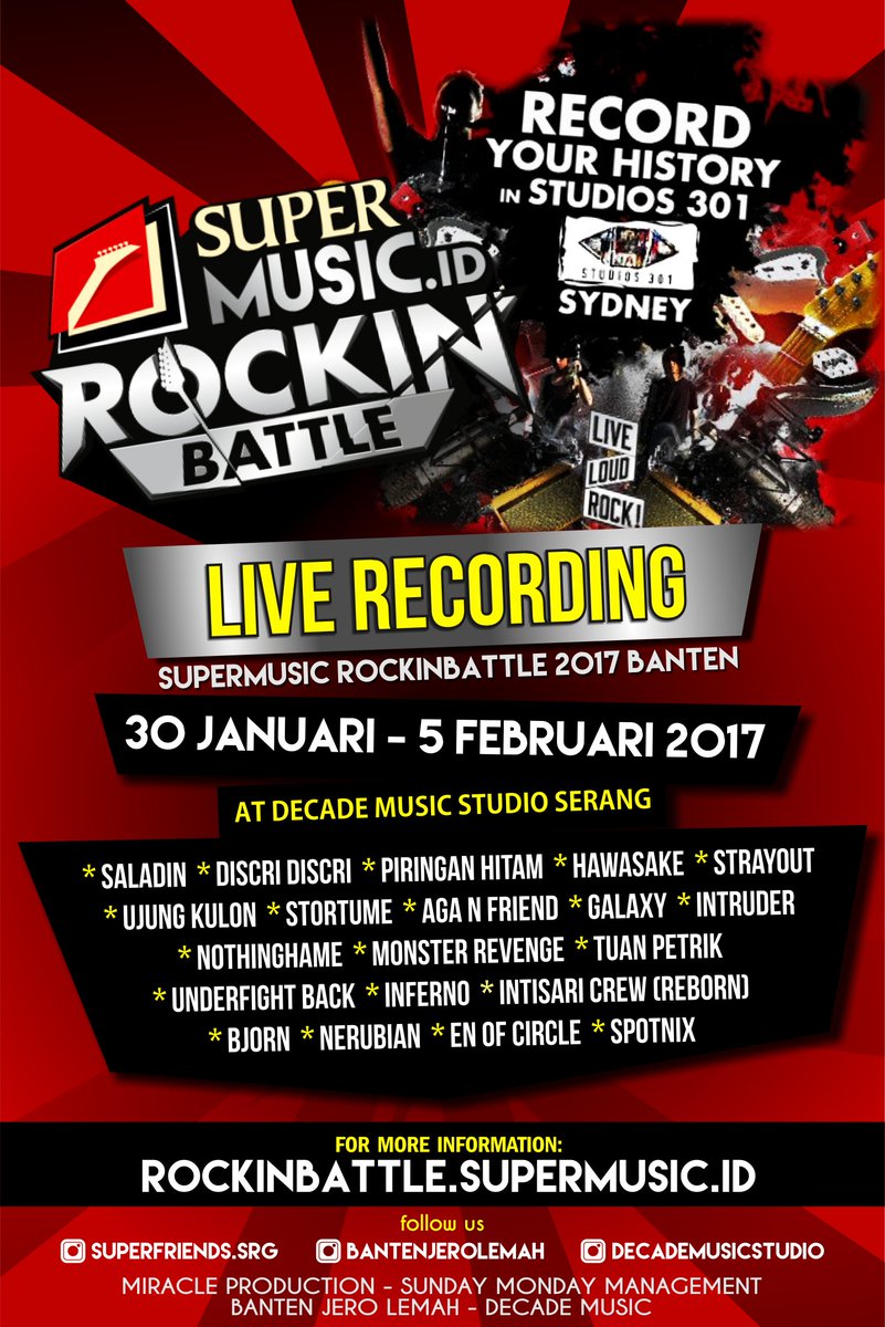 Hayooooo guysss !!!! Dukung teruss Band Band Banten di ROCKINBATTLE.SUPERMUSIC.ID , jangan lupa di like and share ya guyss !!!