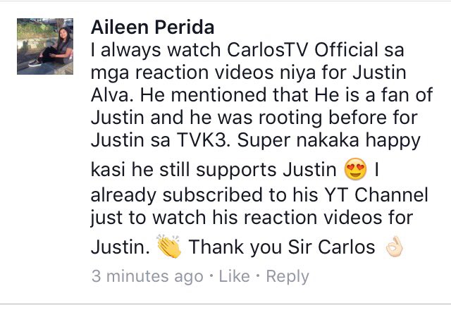 siPerdzAko's tweet photo. @carlosolrac84 Nag eenjoy po akong manood ng mga reaction videos mo sir. Lalong lalo na yung kay #JustinAlva! Thanks po sa support sa kanya! https://t.co/PB41ynd4Uq