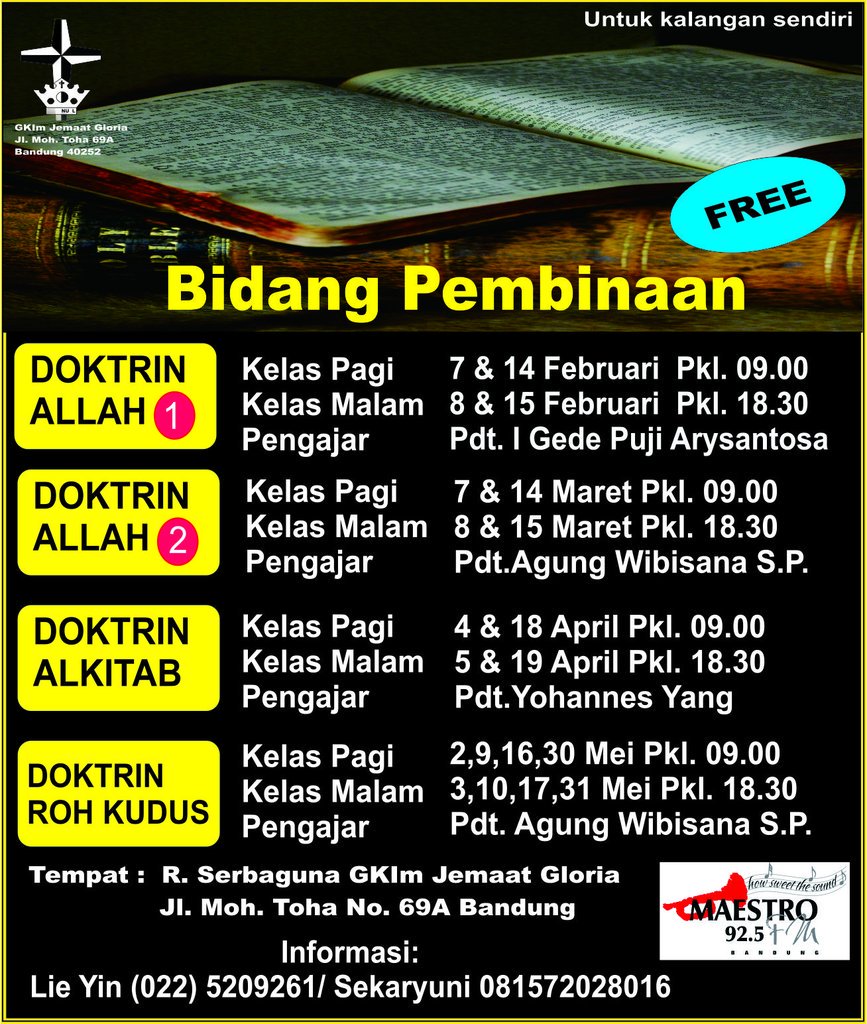 sekaryuni80's tweet photo. Doakan &amp; hadirilah kelas pembinaan yg diadakan di GKIm jemaat Gloria mulai tgl 7 Feb utk kls pagi &amp; 8 Feb utk kls malam... https://t.co/5HvlspbCHi