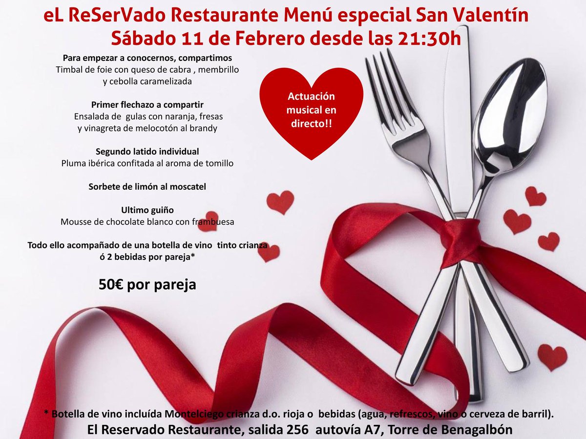 SaboraMalaga's tweet photo. .@ReservadoRest ha preparado una cena especial para San Valentín con actuación en directo. ¡Reserva tu mesa que vuelan! ;) #RestaurantesSAM https://t.co/h9HsIUBWAY