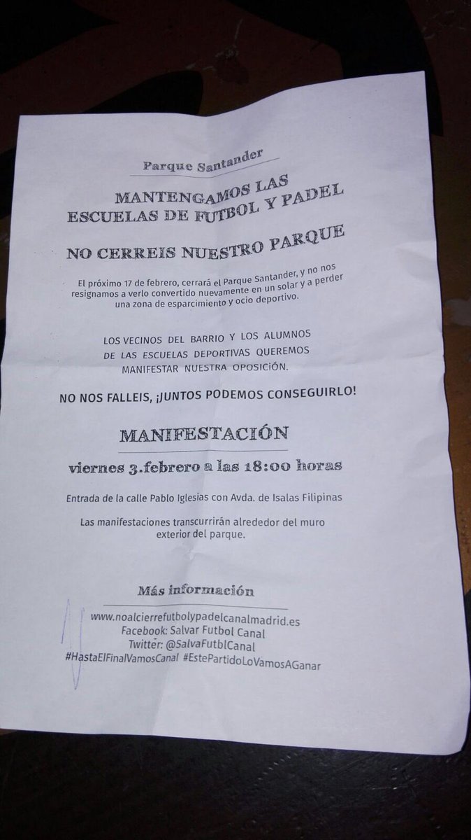 ptorresbarrero's tweet photo. LAMENTABLE. Carmena cierra el Parque Santander. Afectadas 1400 familias y cientos de trabajadores. #HastaelfinalvamosCanal @SalvaFutblCanal https://t.co/84xLbV7M4m