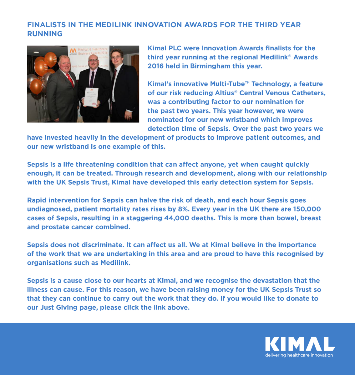 KimalPlc's tweet photo. Kimal's fight against Sepsis is recognised in the @MedilinkWM Innovation Awards https://t.co/8NRT7q29BK https://t.co/BAOpIWNy3X