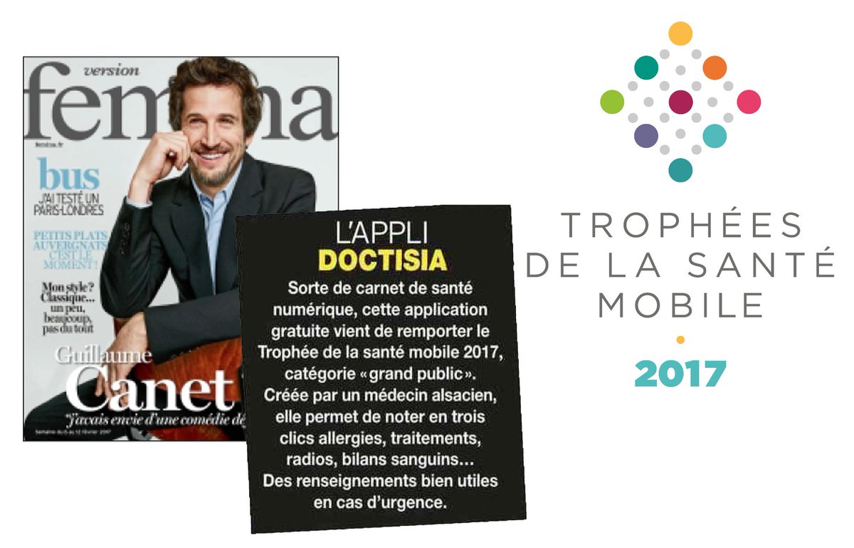 laumacom's tweet photo. #esante Doctisia remporte le Trophée 2017 de l'app mobile de santé destinée au grand public. À lire dans Version Femina #hcsmeufr https://t.co/VqS0iLJKyx