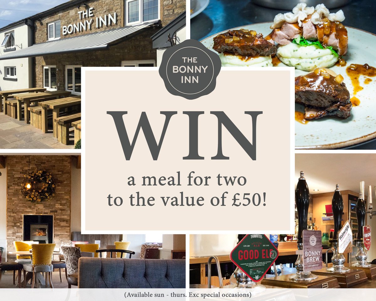 TheBonnyInn's tweet photo. We are giving 1 lucky winner the chance to #WIN a #meal for two, to the value of £50! To enter the #competition, simply Follow &amp; Retweet! https://t.co/yyMimxVQpF