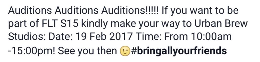 TheRealFLT's tweet photo. We're hosting auditions for season 15 of FLT make sure to bring all your friends on the 19 Feb 2017 to Urban Brew Studios. #FLT15 🙌🏽 https://t.co/qLiVNBd01r
