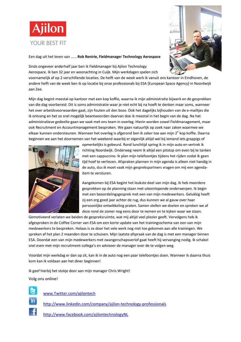 Binnen Ajilon Technology werken Recruiters en Accountmanagers en Fieldmanagers. Lees hier over de werkdag van Fieldmanager Rob!