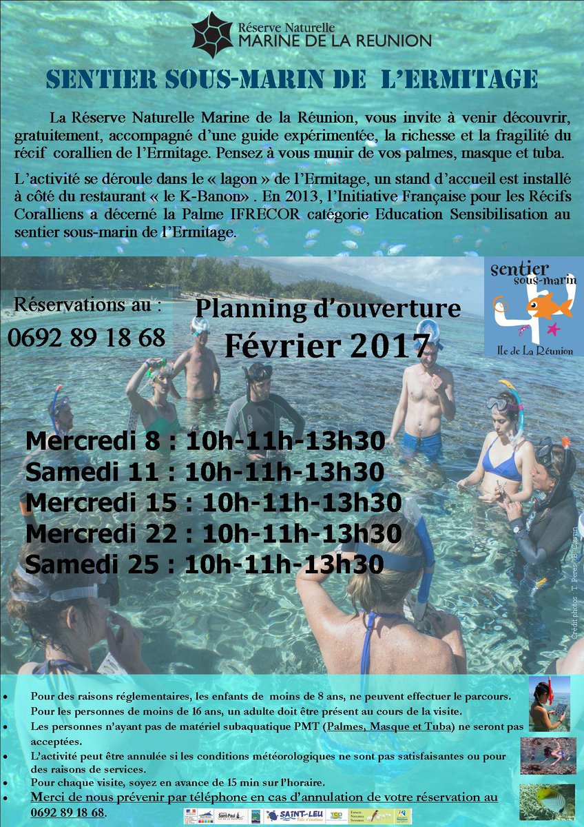 GIP_RNMR's tweet photo. Le planning du sentier sous-marin de février est en ligne: https://t.co/I2pj503W98 info/résa: 0692 89.18.68 #Biodiversité marine #LaReunion https://t.co/SgoCMW0b3i