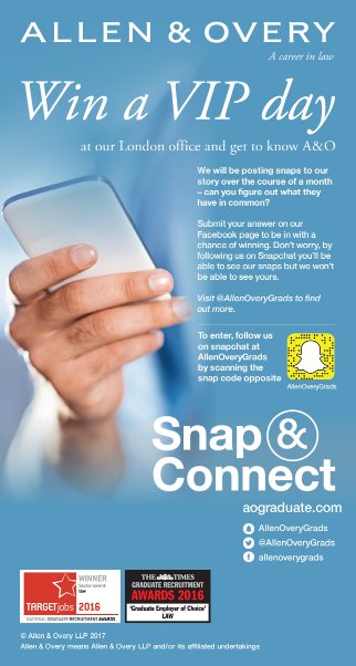 CardiffCareers's tweet image. Follow @AllenOveryGrads on Snapchat &amp;amp; enter their competition to be in with a chance to win a VIP day in London &amp;amp; Lunch with a Partner!