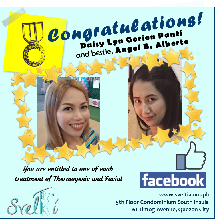 svelti_ph's tweet photo. Congratulations to our winner for Facebook, Daisy Lyn Gorion Panti and bestie Angel B. Alberto.
#LoveThySelf @svelti_ph https://t.co/r5S0OzdarU