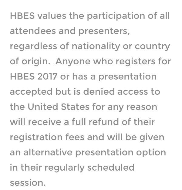 HumBehEvoSoc's tweet photo. Our policy on those affected by current or future US travel bans: https://t.co/RjvMeon0cK https://t.co/bIIyZwpK33