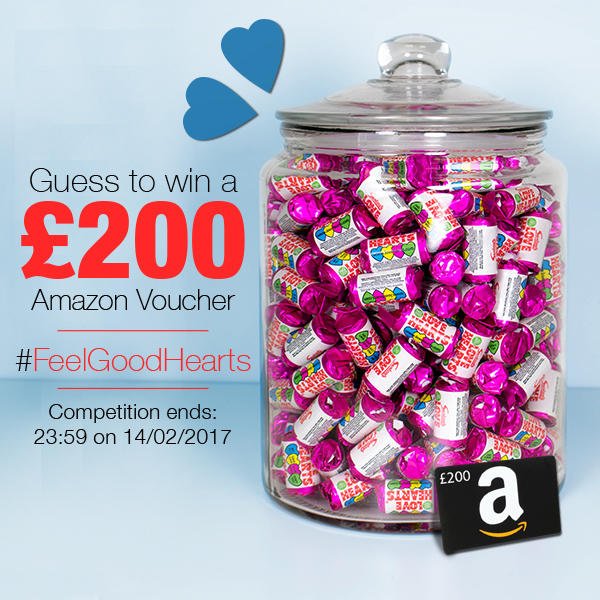 FeelGoodContact's tweet image. Win a £200 Amazon Gift Card! Guess how many Love Hearts are in this jar? (there’s 7 in each pack) Simply post your guess #FeelGoodHearts