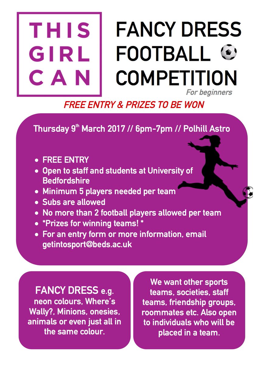 UoBGetActive's tweet photo. WOMEN'S FOOTBALL COMPETITION - Get your teams in. Open to complete beginners #free #sport #bedford #fancydress #football #women #ThisGirlCan https://t.co/016lbnx20w