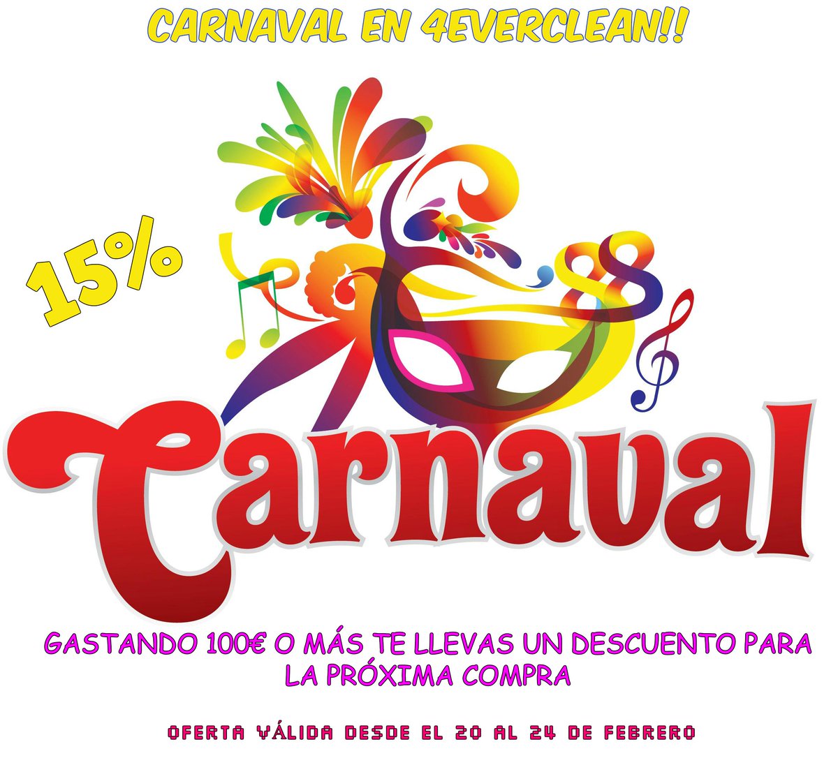 Buenas, les notificamos que en <a href="/4EverClean22520/">4EverClean, SLS</a> celebramos carnaval con una auténtica oferta!🤡😍 #Carnival #Descuentos #Unicos