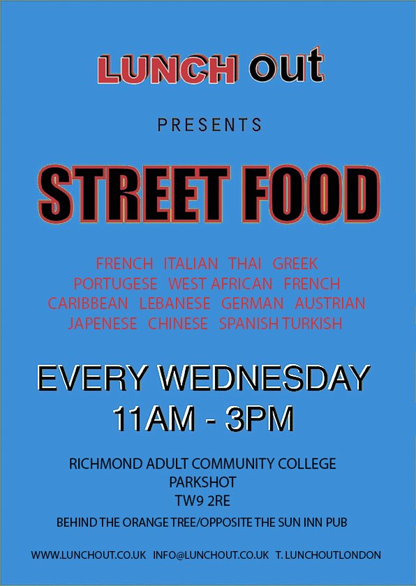 <a href="/lunchoutlondon/">Lunchout</a> #streetfood is back @RACC_College #today 11 till 3 <a href="/Niftys_ldn/">Nifty's</a> #westafrican #chicken <a href="/Veeg_London/">Veeg</a> #asian <a href="/MamaJacqs/">Mama Jacq's</a> #jerk