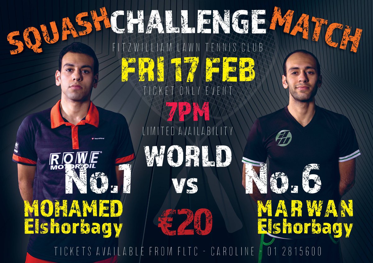 Challenge Match between the Elshorbagy brothers in Fitzwilliam LTC on Friday Feb 17th. Come and watch the World No.1 vs. the World No.6
