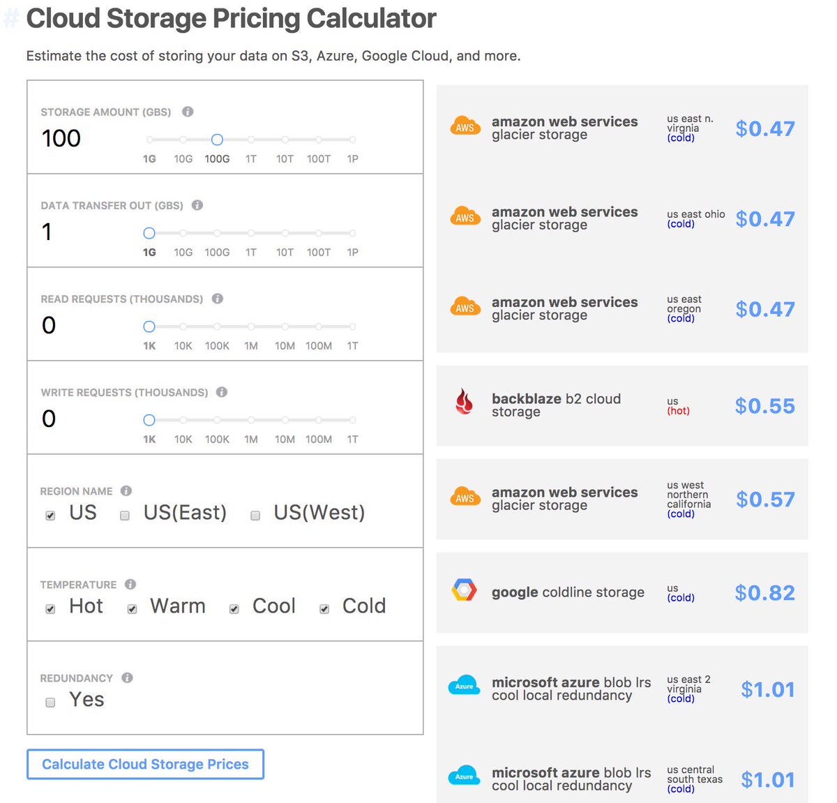 StorageCost's tweet photo. @randybias randy- would love your feedback on our new super simple Cloud Storage Pricing Calculator - https://t.co/DCX1iVTmUZ https://t.co/bIlPl2mim1