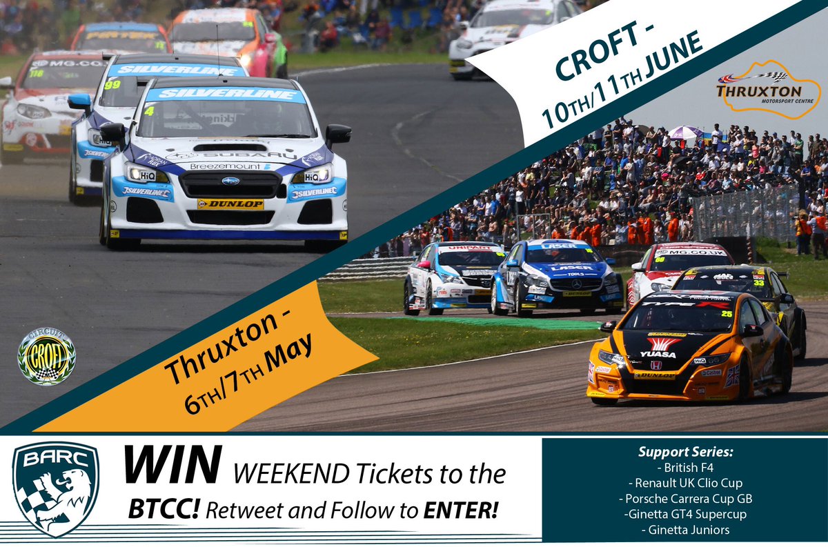 OfficialBARCHQ's tweet photo. WIN! @DunlopBTCC 2017 weekend tickets to @thruxtonracing &amp; @Croft_Circuit rounds!  

RETWEET &amp; FOLLOW TO ENTER 🏁#BTCC #BARC https://t.co/oKzUse8y1r