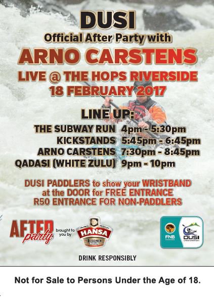 The Dusi Aftery Party is  on the 18th Feb. Be there-its free if you paddled all the way from Pmb.