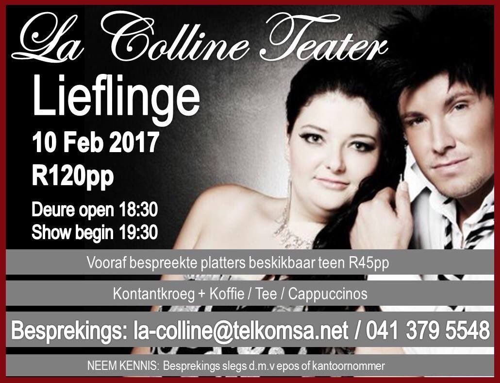 SACelebTweets's tweet photo. Ondersteun Die Lieflinge by La Colline Teater op 10 Feb 2017! Slegs R120pp. Deure open 18h30! https://t.co/oFE3yaHEhY