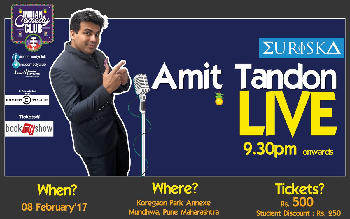 TheEntFactory's tweet photo. #Pune! Catch @amitandon live at @EuriskaIndia on 8th Feb, 9.30 PM. Special offer for students. Tickets - https://t.co/ClxrCEPISM https://t.co/59XCh8B9Mv