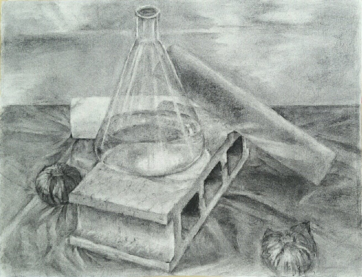 ট ইট র からべんき 木炭デッサン 三角フラスコ 筒 白 茶 レンガ 玉ネギ 2 フラスコの透明感や光の反射 レンガ の質感に注目して描いた 玉ネギをらしく描くことが難しかった 何度も描き直すことで木炭の載り方が一定になってしまったので 色の差を