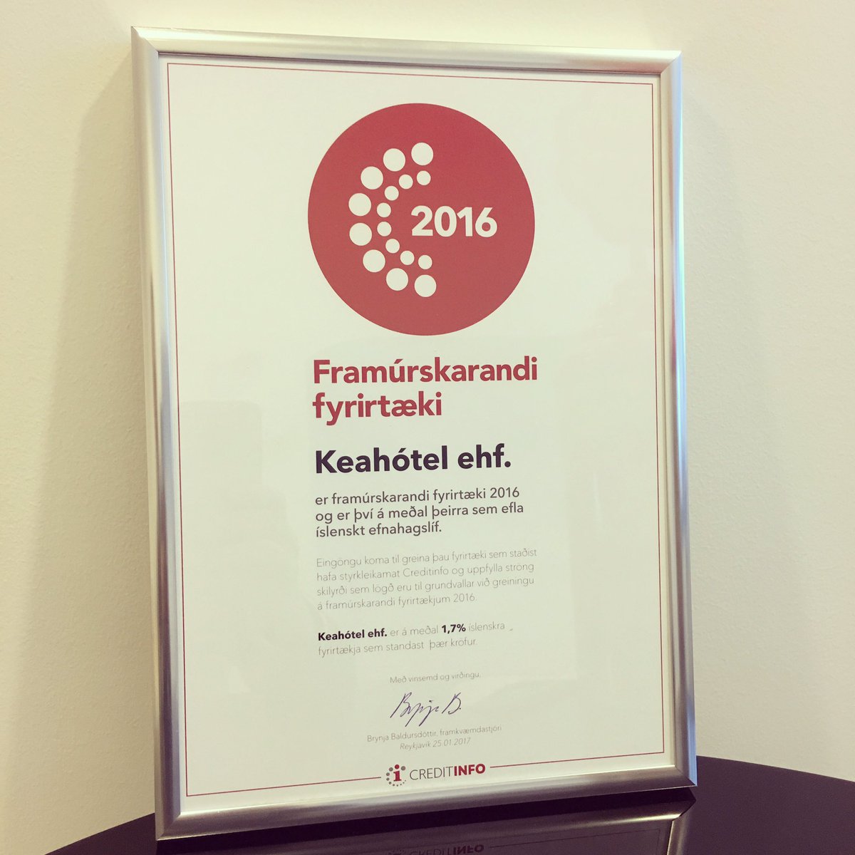 Keahotels has been awarded by #creditinfo for an outstanding financial performance, the fifth year in a row! #framurskarandi #proud