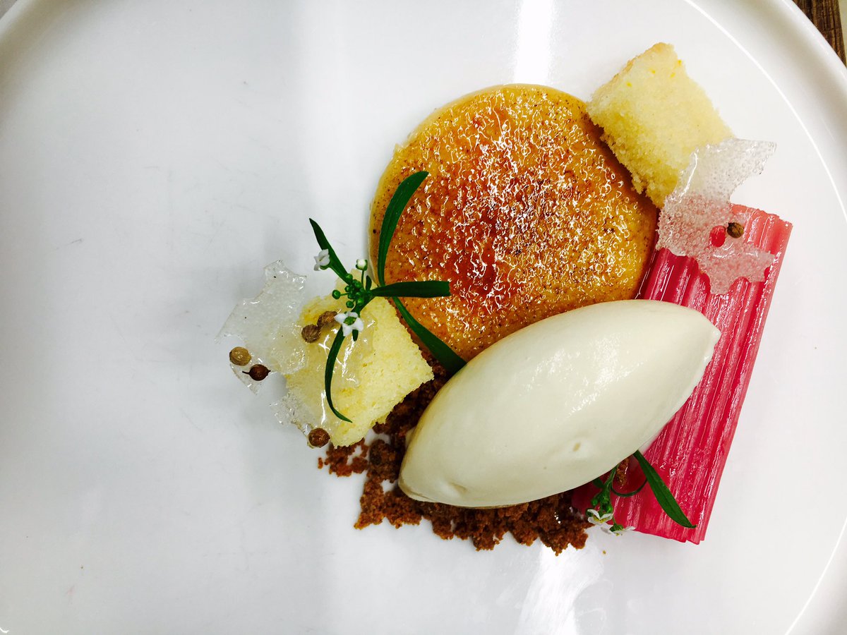 Baked cardamom and rhubarb custard , verjus poached rhubarb, orange cake , maple ice cream. <a href="/CanteenTweets/">The Staff Canteen</a> @EatNorse