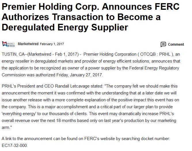 WealthMakersLtd's tweet photo. Premier Holdings $PRHL approved by Federal Energy Regulatory Commission as #energy provider. https://t.co/3eXSI10My8 #shortsqueeze imminent! https://t.co/4yz8a9O2VN