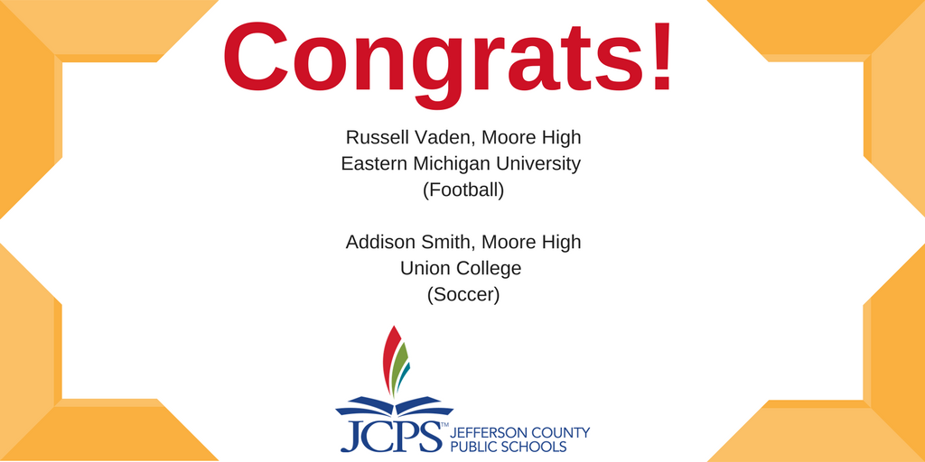 JCPSKY's tweet photo. Shoutout to these two @mooremustangs student-athletes who are signing at @EMU_Swoop and @UnionCollegeKY! #signingday #WeAreJCPS #KnowMoore https://t.co/HZsUSYDGY2
