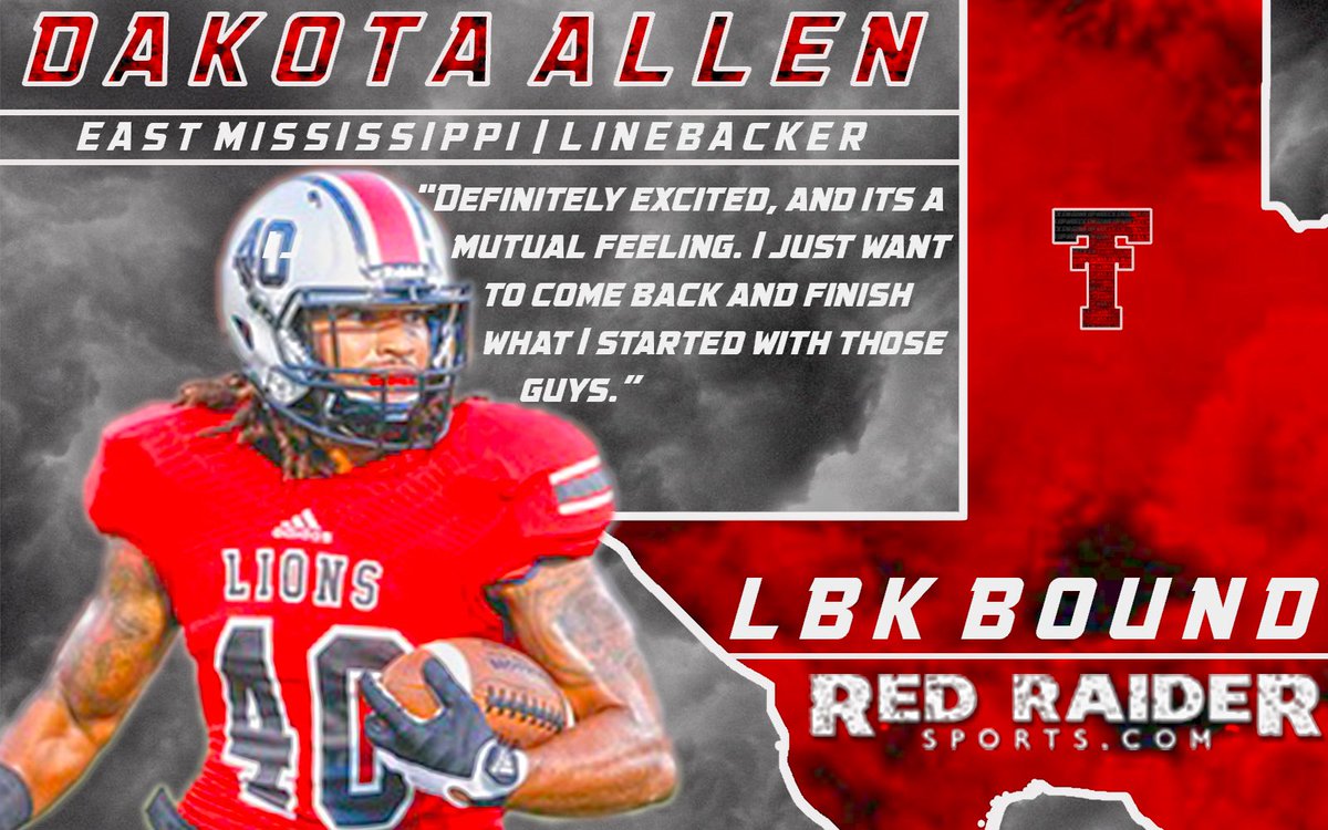 RedRaiderSports's tweet photo. East Mississippi C.C. linebacker Dakota Allen has made it official. He's #LBKBound again. Welcome him back, Red Raiders! https://t.co/I7g1fiupON