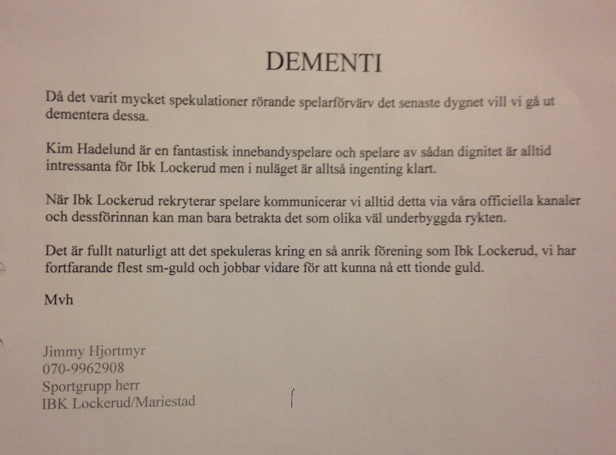 Hjortmyr's tweet photo. Dementi @Lockerudherr #ibsilly #rykten #div1vs https://t.co/DbJ9CCiOhE