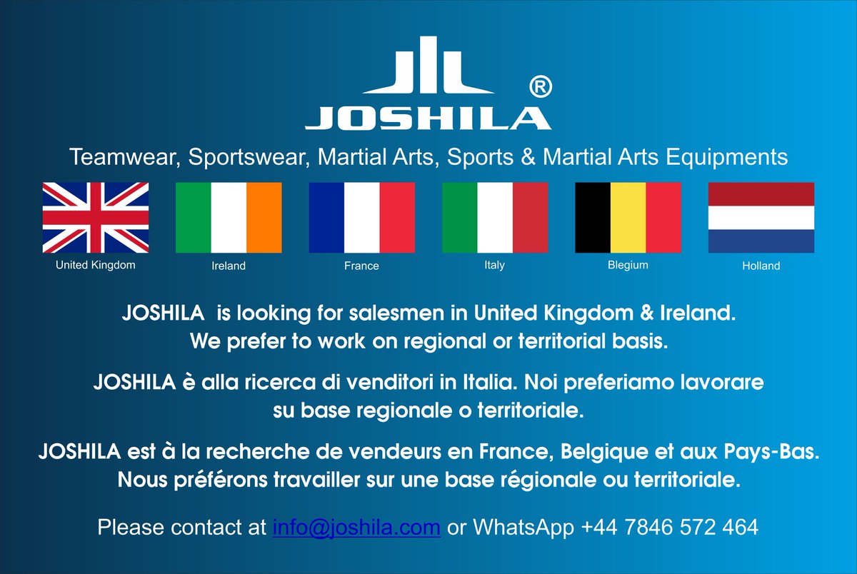 joshilasports's tweet image. We are looking for Salesmen/Agents. Please contact at info@joshila.com or WhatsApp +44 7846 572 464