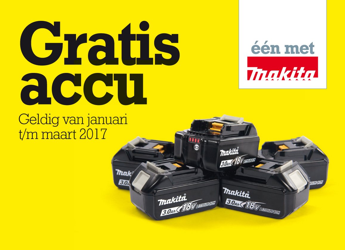 Heeft u al geprofiteerd van de gratis accu actie bij BAKO:
Gratis accu bij een losse makita body 10,8, 14,4 en 18V
makita.nl/campagnes/grat…