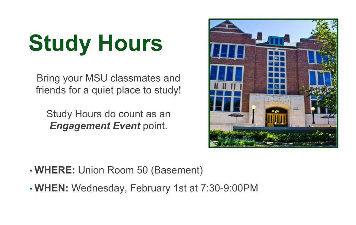 MSU_CoPPAC's tweet photo. Study Hours will be at the Union tonight from 7:30-9:00pm in room 50. Bring your friends and homework! https://t.co/gpFJdg3hJk