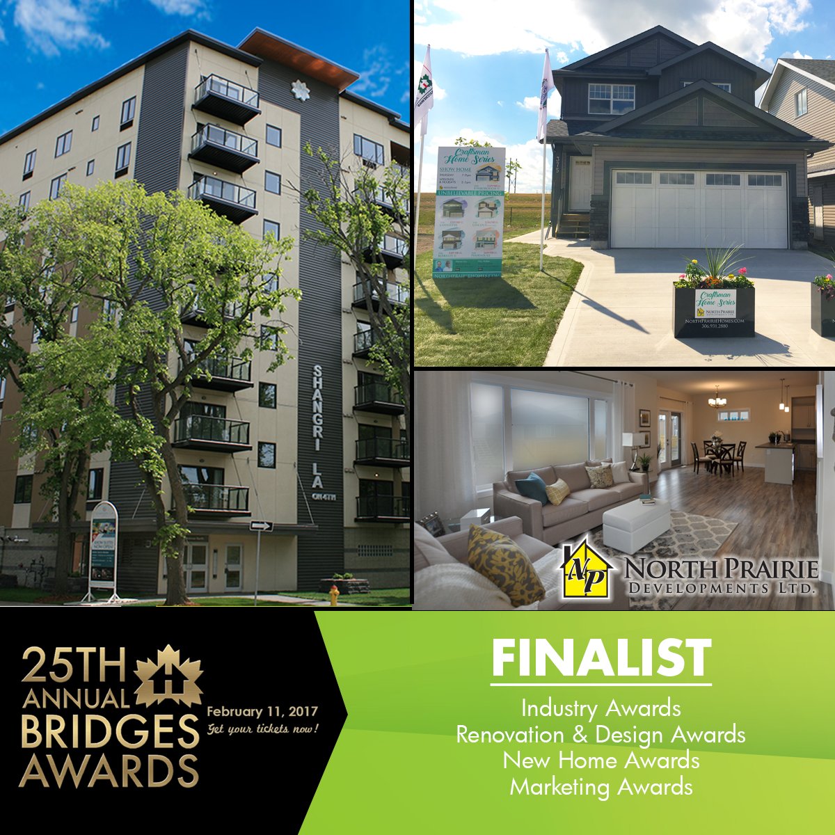 NorthPrairieDev's tweet image. So excited to be finalists in all 4 categories at the @SaskatoonHBA #BridgesAwards Join us Feb 11. Get your tickets saskatoonhomebuilders.com/bridges-ticket…