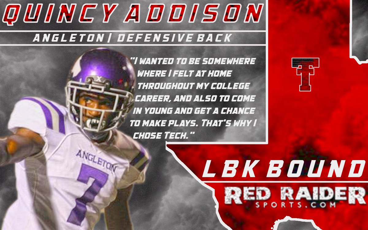 RedRaiderSports's tweet photo. Angleton (Texas) defensive back Quincy Addison is officially a Red Raider and #LBKBound! Welcome in, Quincy! #TexasTech #WreckEm https://t.co/PSAK5j9NQ6