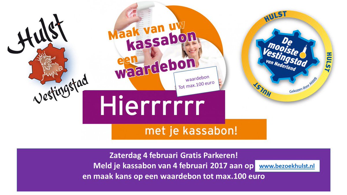 zaterdag 4 febr gratis parkeren en 4+5 februari kassabonactie in #hulst #vestingstad bit.ly/2kVq9Pi win tot €100 terug op je bon!